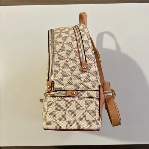 Designer Style Medium Backpack + Matching Wallet Set Tan Brown Geometric Print - Picture 4 of 9